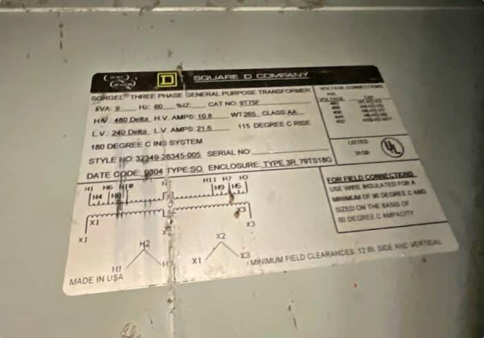 Square D 9T75F 9 kVA Transformer 480Δ-240Δ NEMA 3R | ISP Equipment