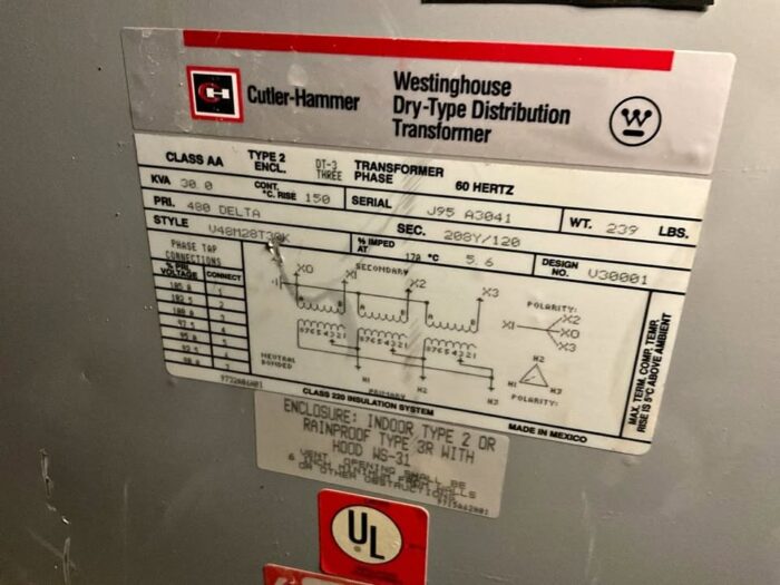Westinghouse 30 kVA Dry Transformer 480 Delta to 208Y/120 | ISP Equipment